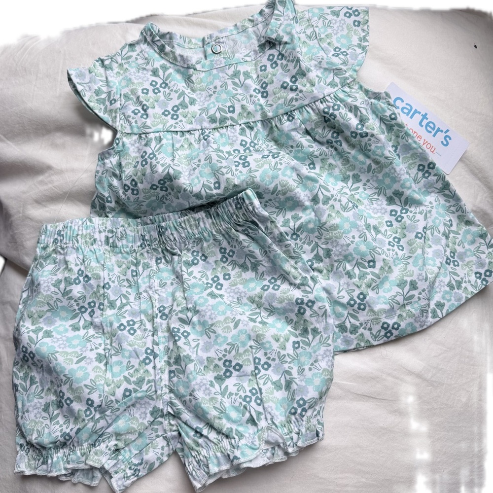 Carter's Baby Girl 12 Months Green Floral Baby Set